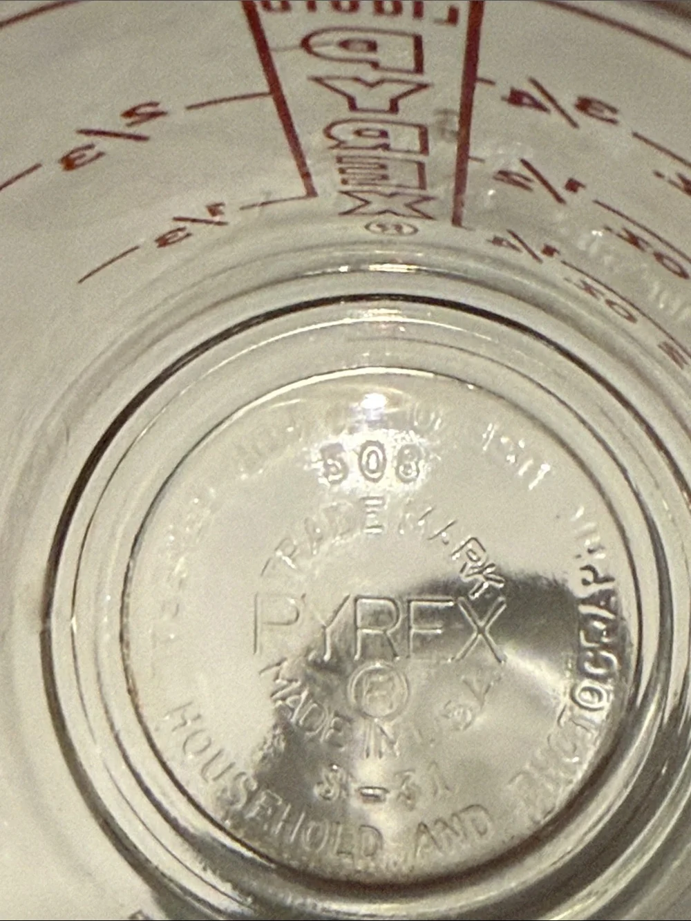Vintage 1950s-60s Pyrex 1 Cup Measuring Cup 508 Closed D Handle Made in USA!